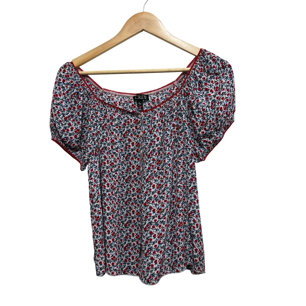J.Crew Floral Poppy Square Neck Button Front Blouse Red White Blue Small crepe